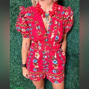 Olivaceous Coral Red Floral V-Neck Romper